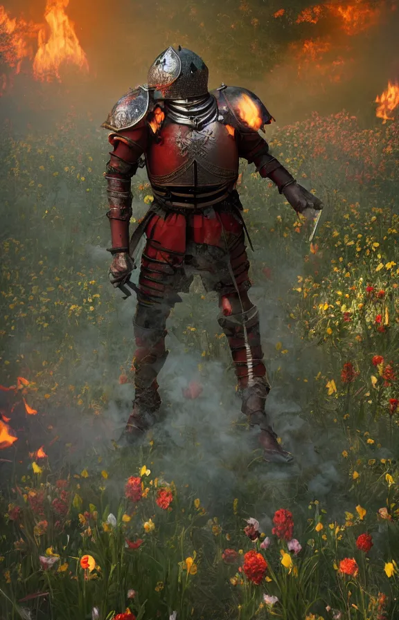 Prompt: full body image of a knight in bed of flowers in dark forest, surrounded by fire and smoke, moody, rim light, dynamic lighting, cinematic shot, gritty, ultra - detail, renderman, physically based render