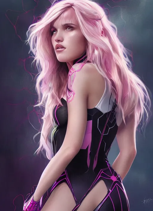 Image similar to ultra realistic illustration, bella thorne as spidergwen, intricate, elegant, highly detailed, digital painting, artstation, concept art, smooth, sharp focus, illustration, art by artgerm and greg rutkowski and alphonse mucha and wlop