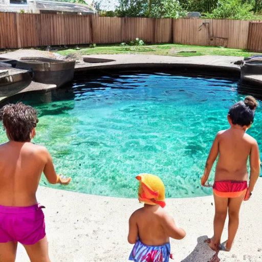 Prompt: family swimming in brown sewage pool filled with trash and human waste