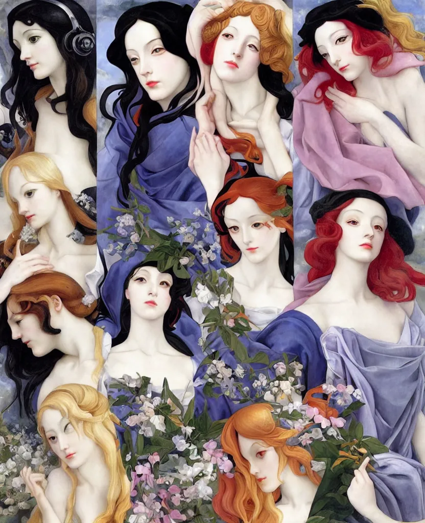 Image similar to 12 figures as 4 seasons of the year, (3 as Spring, 3 as Summer, 3 as Autumn, 3 as Winter), in a mixed style of Æon Flux, Peter Chung, Botticelli, and John Singer Sargent, inspired by pre-raphaelite paintings, shoujo manga, and cool Japanese cyberpunk street fashion, dramatic colors, jungian symbolic, magic realism, hyper detailed, super fine inking lines, dramatic color, 4K extremely photorealistic, Arnold render