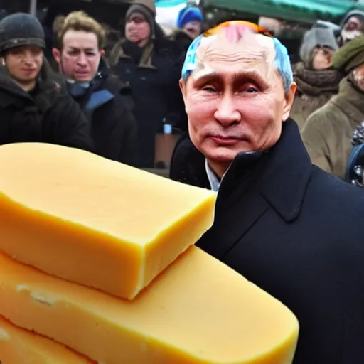 Image similar to close up of vladimir putin visiting a cheese market