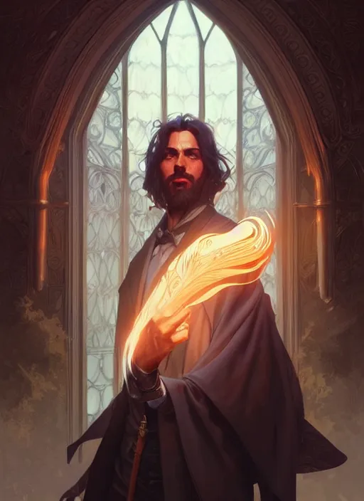 Image similar to ultra realistic illustration, handsome wizard. intricate, elegant, magic, highly detailed, digital painting, artstation, concept art, smooth, sharp focus, illustration, art by artgerm and greg rutkowski and alphonse mucha and wlop