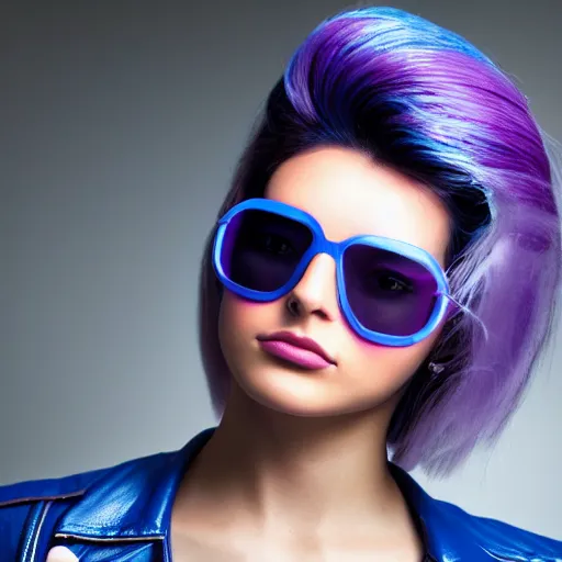 Image similar to closeup painting of a very beautiful young mexican cyberpunk woman with light blue shutter shades, one side haircut, long brown hair with light blue ends, purple leather jacket