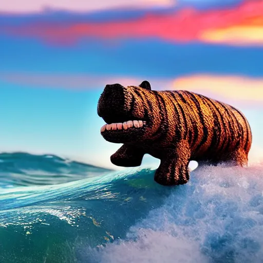 Image similar to a closeup photorealistic photograph of a cute smiling knitted tiger hippopotamus riding a wave at sunset. surf in background. professional capture. brightly lit scene. this 4 k hd image is trending on artstation, featured on behance, well - rendered, extra crisp, features intricate detail, epic composition and the style of unreal engine.