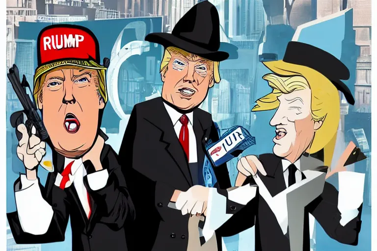 Image similar to 2 d poster illlustration donald trump and donald trump wearing trenchcoats and black spy hats, stacks of boxes everywhere and a safe broken open for the movie spy vs spy