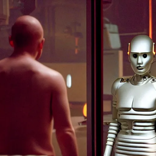 Prompt: movie scene of a android, half human half robot, movie still, cinematic composition, cinematic light, criterion collection, reimagined by industrial light and magic, Movie by David Lynch and Ridley Scott