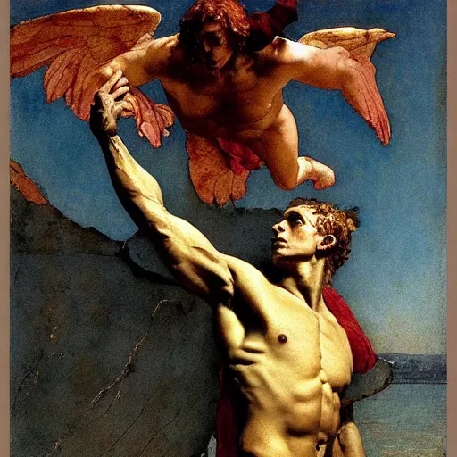 Image similar to Ripped Physique Tragic Portrait of Icarus the Roman Demigod Son of Dedalus wearing wax wings flying too close sun falling towards the cruel blue sea. norman rockwell guillem h. poniluppi howard pyle Ilya Repin Michelangelo Buonarotti Leonardo Da Vinci rodin greg rutkowski james gurney. tombow masterpiece fresco watercolor grisaille Trompe-lœil