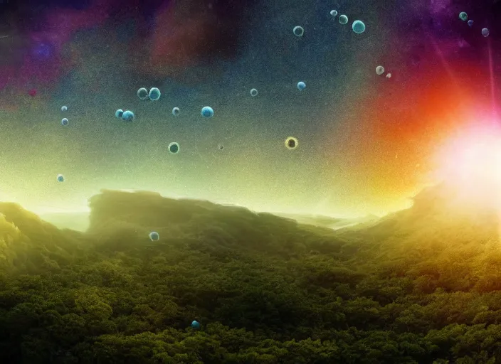 Prompt: a photo of small blobs of interdimensional fractal creatures falling from the sky like comets in the distance, on a bright day, a vast landscape with lush hills, dust particles, natural lighting, natural color palette, awe inspiring, wide angle, cinematographic, subtle lens flare