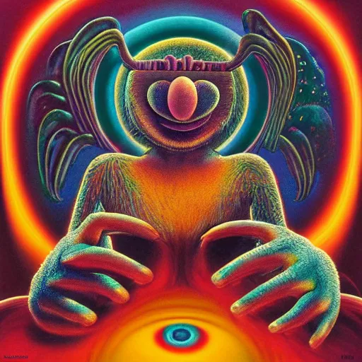 Image similar to animal the muppet on tool album cover, 8 k resolution hyperdetailed scary dystopian surrealism style of alex grey