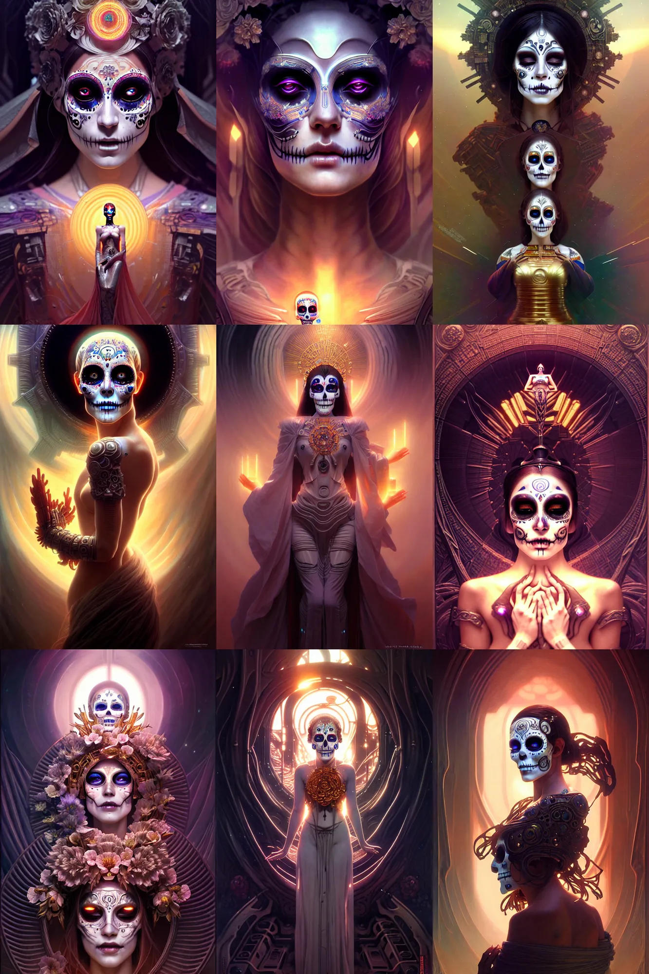 Prompt: awakening, beautiful crying android! woman deity. ethereal, elegant, fantasy, blade runner, pose, photorealistic, interstellar, intricate detailed environment. ( el dia los muertos ), 8 k, hd. by terry o'neil and artgerm and greg rutkowski and alphonse mucha and loish and wlop