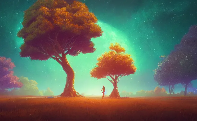 Prompt: A starry landscape with a giant thin tree, Low level, rendered by Beeple, Makoto Shinkai, syd meade, simon stålenhag, environment concept, synthwave style, digital art, unreal engine, WLOP, trending on artstation, 4K UHD image, octane render,