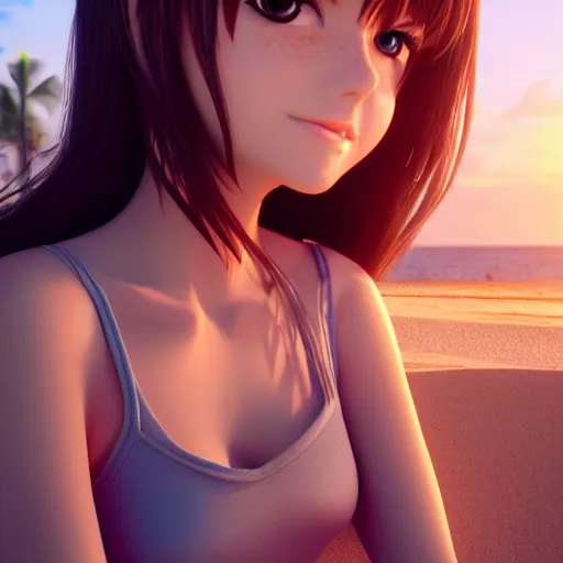 Image similar to Render of a very beautiful 3d anime girl, long hair, hazel eyes, cute freckles, full round face, short smile, cute sundress, golden hour, serene beach setting, medium shot, mid-shot, highly detailed, trending on Artstation, Unreal Engine 4k