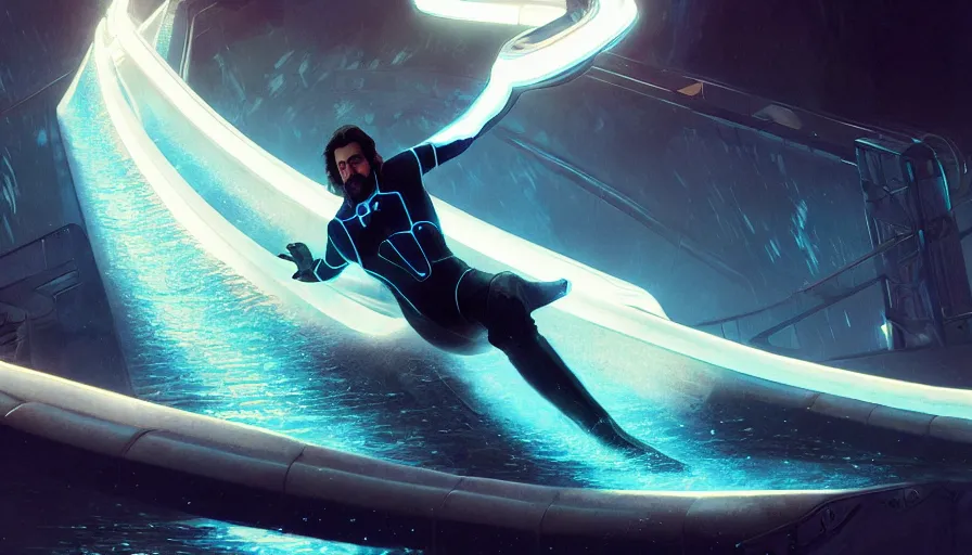 Image similar to tron legacy jesus riding waterslide, face, laughing, diffuse lighting, hyper realistic, concept art, intricate, hyper detailed, smooth, sharp focus, illustration, trending on artstation, art by greg rutkowski and james gurney and alphonse mucha