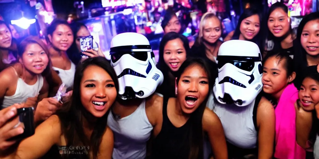 Image similar to storm trooper taking a selfie with a group of girls at a bar in bangkok thailand at night