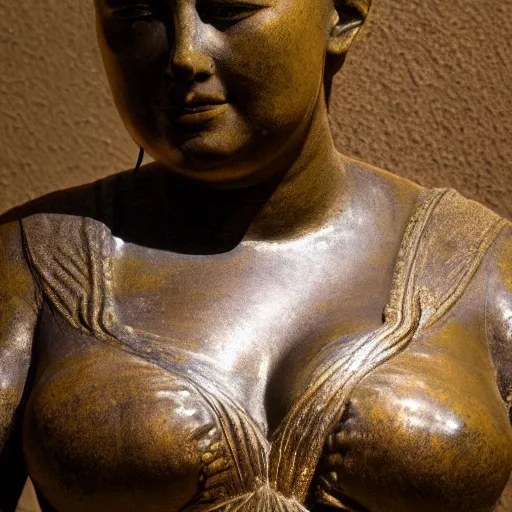 Prompt: detailed photo of an old bronze patina statue of a beautiful curvy woman portrait, intricate detail, museum diffuse lighting