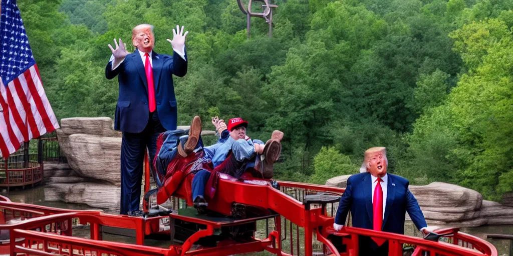 Image similar to Donald trump falls off of a trolly and cries, caught in 4K, taken in Silver Dollar City