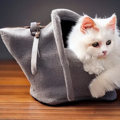 Image similar to lots of furry cute cats inside a big handbag, the handbag is over a wood table, stock photo, gray background, studio lighting, detailed photo, 4 k, 8 k