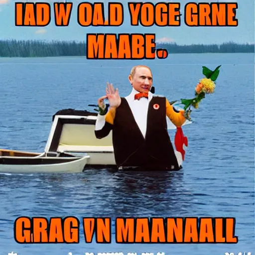 Image similar to putin as old gregg with a mangina, on a boat on a lake