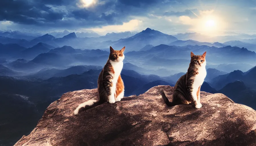 Image similar to a cat standing on the peak of a mountain range, looking far, digital art, epic lighting, epic composition, 4 k