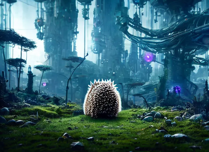 Image similar to giants mechanical hedgehog on the background of a weird magical mechanical forest. Very detailed 8k. Fantasy cyberpunk horror. Sharp. Cinematic post-processing. Unreal engine. Nanite. Ray tracing. Parallax. Tessellation