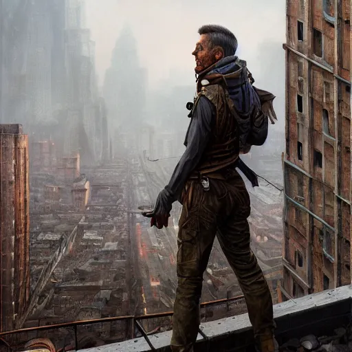 Image similar to an male survivor standing on a rooftop of an abandoned city, dark, atmospheric, detailed, centered, digital painting, artstation, concept art, donato giancola, Joseph Christian Leyendecker, WLOP, Boris Vallejo, Breathtaking, 8k resolution, extremely detailed, beautiful, establishing shot, artistic, hyperrealistic, octane render