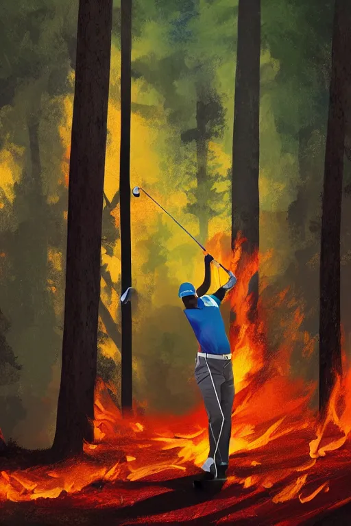 Image similar to close-up of a golf player on a lush golf course with a burning forest far away, digital painting, 4k, rays of light, particles light, by sasha kalinkin