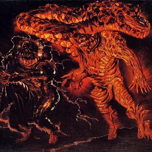 Image similar to nightmarish mutated creatures surrounding magical cursed shimmering lava in an awful hell, by caravaggio