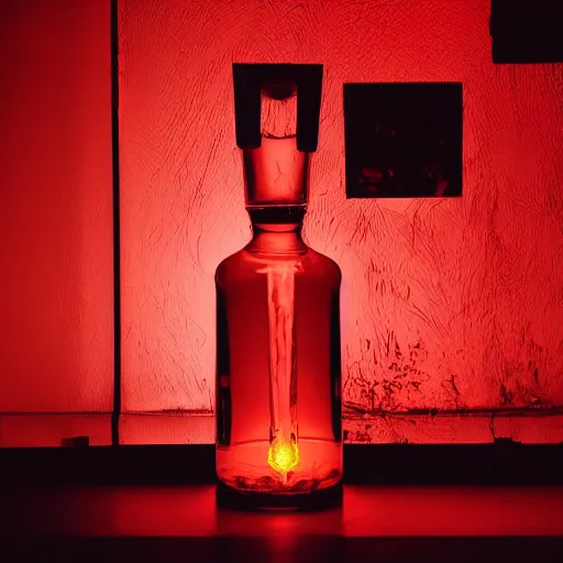 Prompt: an award - winning photo of a translucent glass vodka bottle in the shape and style of a propane cylinder with a red gradient in a warehouse, dramatic lighting, 2 4 mm, close up wide angle lens, ƒ / 8, artstation, intricate details, hyperdetailed, 8 k