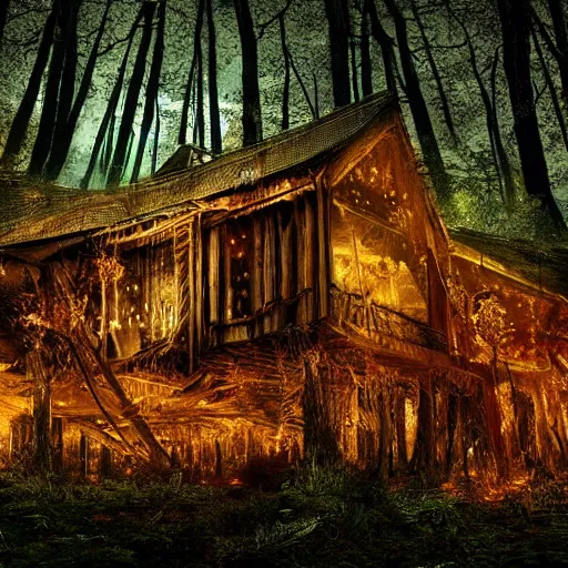 Image similar to collapsed wooden house in mythical forest with creepy ambiance, vines hanging from trees, glowing fireflies, hazy, by hr giger, sharp focus, highly detailed