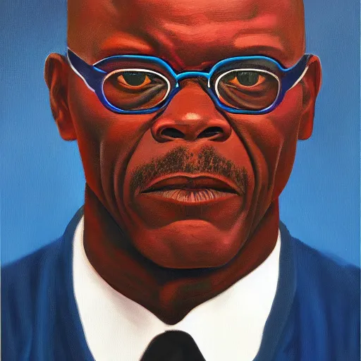 Prompt: A portrait of Samuel Jackson, (((half of his face is a skeleton))), dark blue gradient background, realistic, oil painting