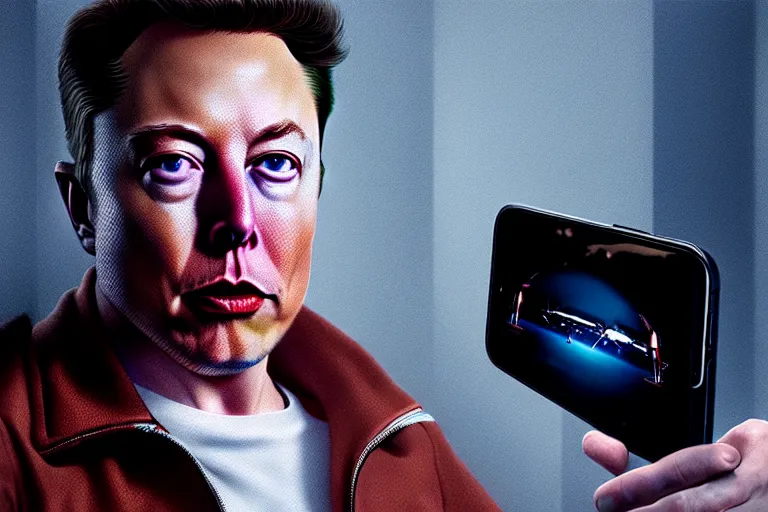 Image similar to hyperrealism aesthetic ridley scott and denis villeneuve style photography of a detailed hyperrealism elon musk, siting on a detailed hyperrealism toilet and scrolling his detailed smartphone in hyperrealism scene from detailed art house movie in style of alejandro jodorowsky and wes anderson volumetric ambient light