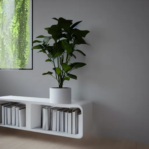 Prompt: white zen clean modern minimalist bookshelf with cute plants by peter tarka in an ivory room well contoured smooth fair walls, up close shot, sharp focus, zen, clean, modern minimalist, zaha hadid octane highly render, 4 k, ultra hd,