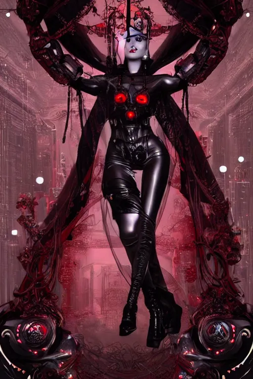 Image similar to full-body cyberpunk style sculpture of a young beautiful dark priestess, half android with a head opening exposing circuitry. glowing red eyes, black roses, flowing blood red colored silk, fabric, candles. baroque elements, human skull. full-length view. baroque element. intricate artwork by caravaggio. crows flying in background. Trending on artstation, octane render, cinematic lighting from the right, hyper realism, octane render, 8k, depth of field, 3D