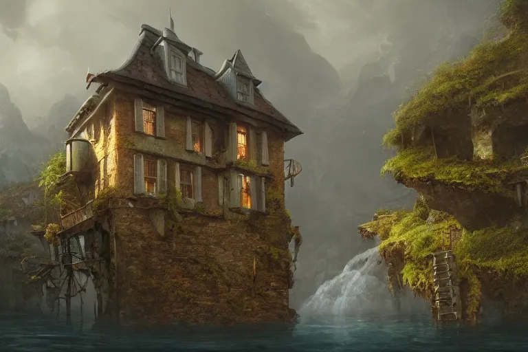 Prompt: a typical european house with a slate roof, submerged under the water of the acean, school of fishes, scenic view, matte painting by christophe vacher and hubert robert, trending on artstation