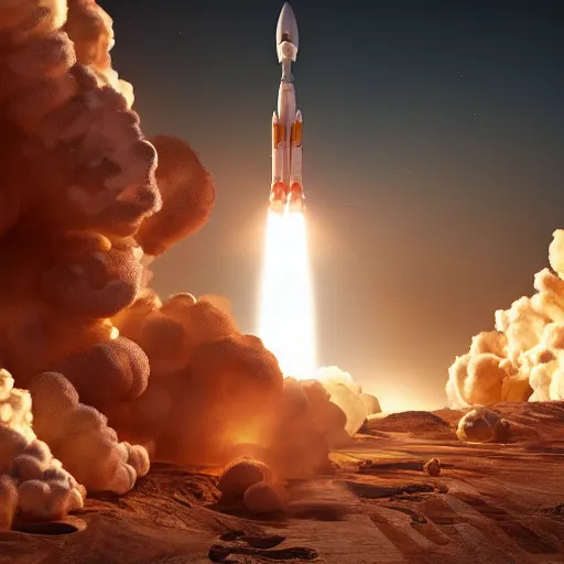 Prompt: a rocket blasting off into space, octane render, highly detailed, highly intricate, sense of scale and awe, highly detailed fire, smoke, ue 5, hyper - realistic, desert