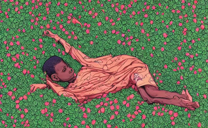 Image similar to african boy lying down in a garden - wrapped in flower vines, art by james jean, sharp, detailed, digital painting, illustration, intricate detail, pinterest, behance, art station,