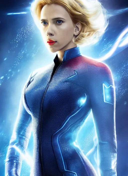 Prompt: scarlett johansson portraying a beautiful susan storm invisible woman from marvel, beautiful scarlett johansson susan storm, movie, hyper realistic, hollywood promotional image, imax, 8 k