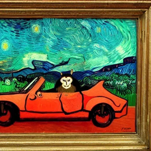 Image similar to a beautiful oil painting of a monkey in a tesla , 8k , award winning , made in 1800's , old , painted by vincent van gogh