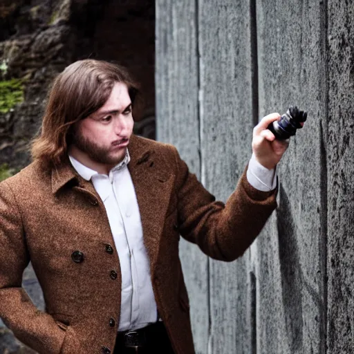 Image similar to Photograph of a stern man wearing a brown tweed coat. He is pointing his handgun towards a frightened young man with long hair against a stone wall. 4K, dramatic lighting