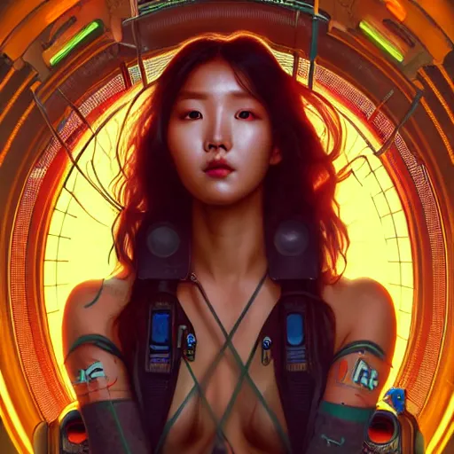 Image similar to portrait painting of hwasa as a cyberpunk technician with a halo and devil horns, ultra realistic, concept art, intricate details, eerie, highly detailed, photorealistic, octane render, 8 k, unreal engine. art by artgerm and greg rutkowski and magali villeneuve and alphonse mucha