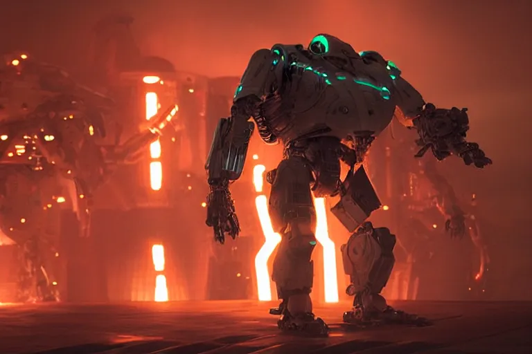 Prompt: VFX movie closeup portrait of a futuristic inhuman alien spacemarines Mech in future spaceship, firing gun at alien horde detailed creature skin neon lighting by Emmanuel Lubezki