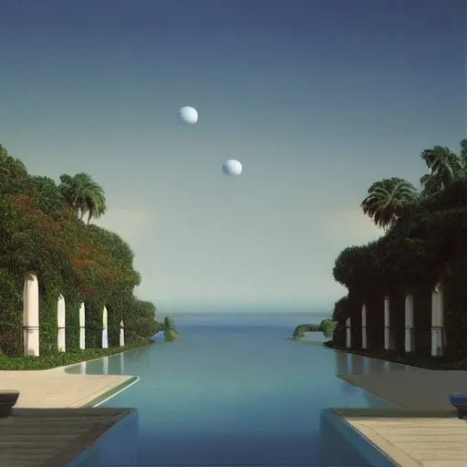 Image similar to David Ligare masterpiece, hyperrealistic surrealism, award winning masterpiece with incredible details, beautiful lighting, pool caustics, illuminated orbs, epic stunning, infinity pool, a surreal vaporwave liminal space, highly detailed, trending on ArtStation, broken giant marble head statue ruins, calming, meditative, geometric liminal space, palm trees, very vaporwave, very very surreal, sharp details, giant gold rings