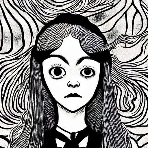 Image similar to Luna Lovegood in the style of Junji Ito. Manga. Black and white. Gothic. Horror. Exquisitely detailed. 4K.