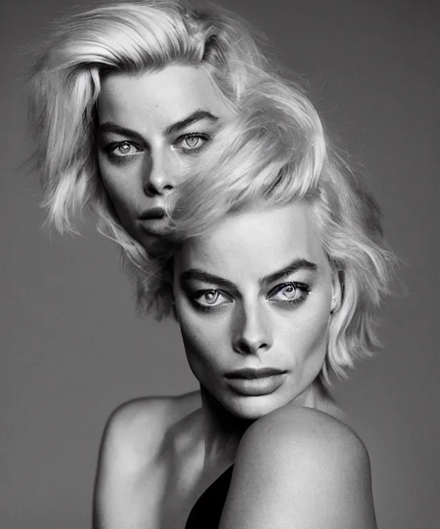 Image similar to a color photograph of margot robbie, by robert mapplethorpe, platinum blond, intense, bold, exaggerated, ultra sharp, extra details, ultra high quality, trending on pinteresst