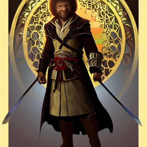 Image similar to an ultra detailed vector image of bob ross dressed as ezio auditore, concept art by alphonse mucha and greg rutkowski, praise the blood moon, octane render, cosmic horror, scary little trees