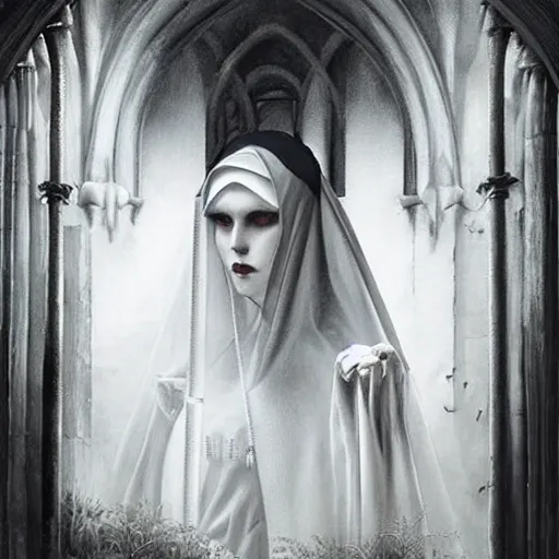 Prompt: By Tom Bagshaw, ultra realist soft painting of a gothic crypt by night, Gothic armored female nun and dressed, horror, omnious sky, symmetry accurate features, very intricate details, black and white, volumetric light clouds