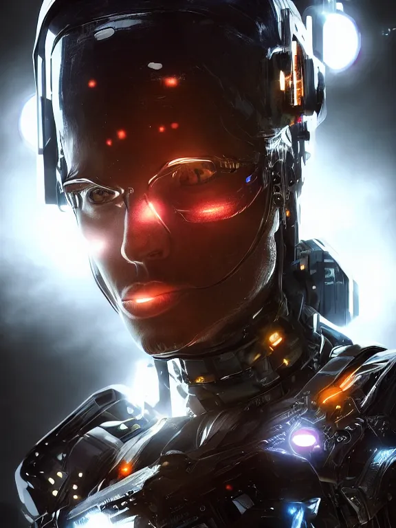 Image similar to comic portrait art of a cpu cyborg 8 k ultra realistic, lens flare, atmosphere, glow, detailed, intricate, full of colour, cinematic lighting, trending on artstation, 4 k, hyperrealistic, focused, extreme details, unreal engine 5, cinematic, masterpiece