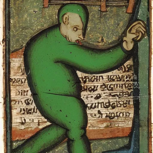 Image similar to skinny ugly man in green body suit, frying pan in one hand, angry, fighting, medieval art