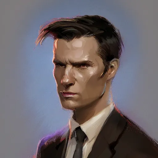 Image similar to Portrait of a man by Greg Rutkowski, he is about 40 years old, mixture between russian and irish, coiffed brown hair, attractive, bright purple eyes, extremely pale white skin, smart looking, he is wearing a black futuristic lawyer outfit, highly detailed portrait, scifi, digital painting, artstation, concept art, smooth, sharp foccus ilustration, Artstation HQ