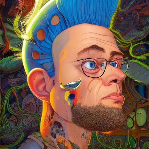 Image similar to lucky mohawk projector portrait by gaston bussierre and charles vess and james jean and erik jones and rhads, inspired by rick and morty, epic, funny, huge scale, beautiful fine face features, intricate high details, sharp, ultradetailed